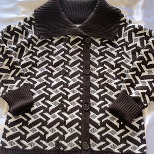 Vintage Brown Cream Houndstooth Knit Sweater Double Breasted Contrast Collar SM